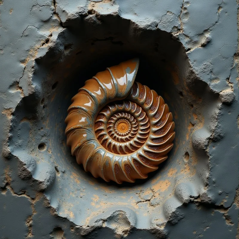 A glossy, amber-toned ammonite shell with deep ridges sits nestled within a rough, crater-like indentation in a matte gray stone surface. The spiral shape of the shell creates a central focal point against the irregular, jagged edges of the surrounding rock. Light reflects off the smooth, wet-looking texture of the shell, contrasting with the coarse and porous appearance of the neutral-toned stone.