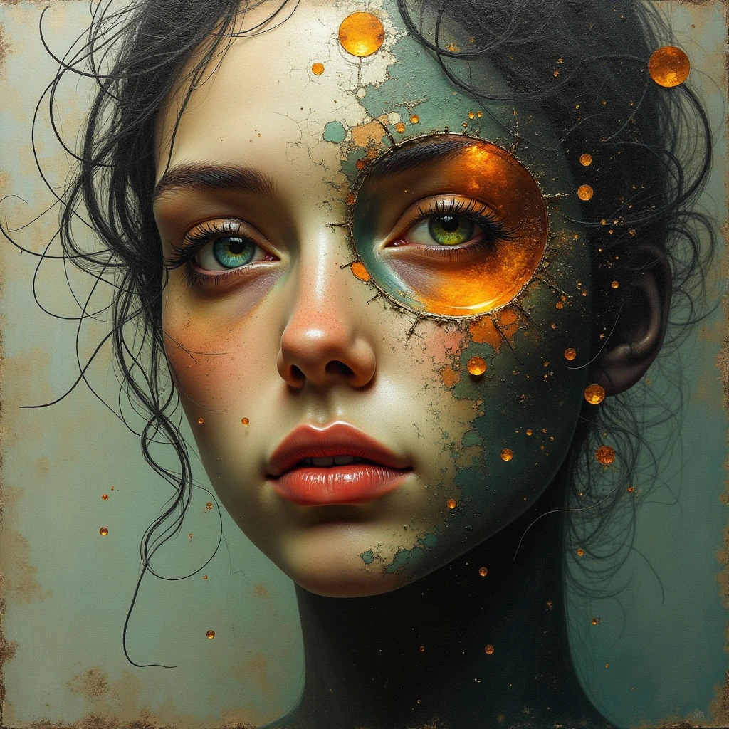 The image centers on a close-up portrait of a face with pale skin tones contrasted by teal and rust-colored markings across the cheeks and forehead. Circular shapes—varying in size and filled with warm orange hues—are overlaid upon these textures, appearing to partially obscure the eye and scattered around the periphery. Soft lighting highlights the facial features while a blurred background suggests depth, though spatial relationships remain relatively flat due to the focus on the face.