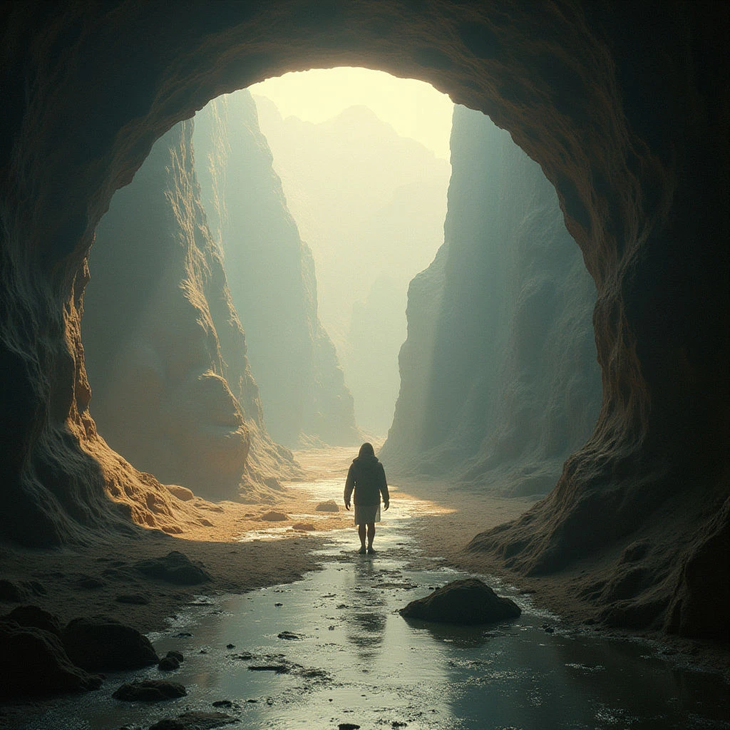 A solitary figure walks away from the viewer down a narrow, sandy passage between towering rock walls. Bright light streams in from the end of the tunnel, illuminating the path and creating a hazy glow around the person’s form. Shallow water covers the ground, reflecting the soft tones of the surrounding stone.