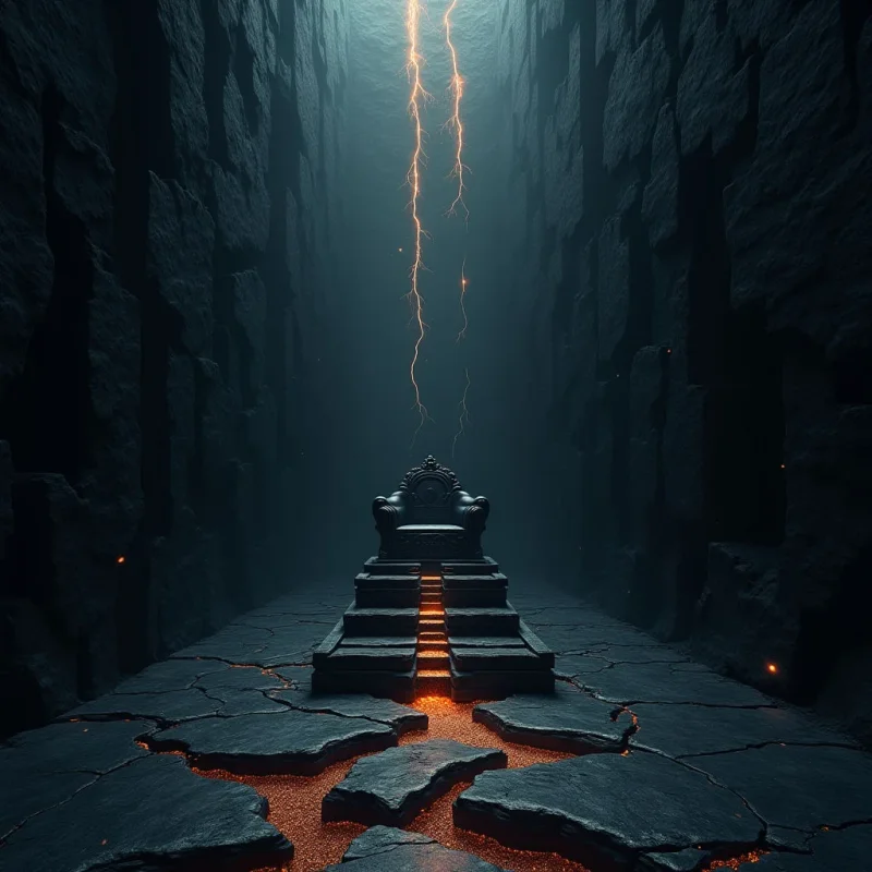 A dark, monolithic throne sits centered at the base of a narrow canyon composed of jagged, charcoal-colored rock walls. Glowing orange light emanates from cracks in the stone floor and descends from the sky in thin, vertical streaks of lightning. The composition is defined by deep shadows, sharp geometric textures, and a strong central symmetry that draws the eye toward the throne.