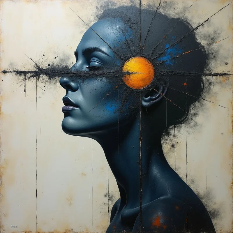 A dark blue profile of a woman is set against a cream-colored background textured with vertical drips and splatters. A bright orange circle sits near the center of the head, intersected by sharp black lines that radiate outward like spokes on a wheel. The lighting creates smooth gradients on the skin, contrasting with the gritty, stippled textures of the dark debris scattered across the composition.