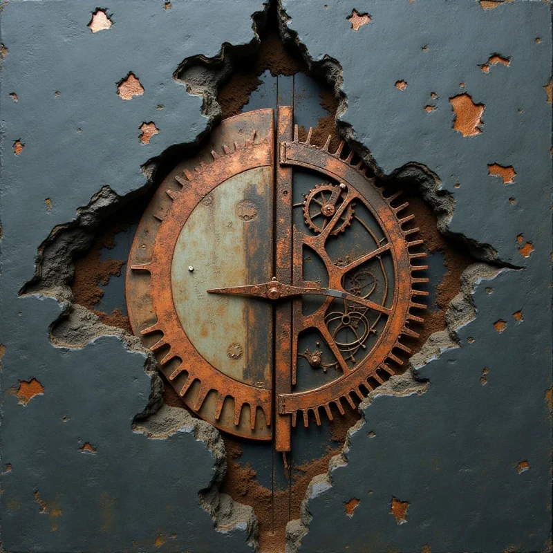A circular metallic object with gear-like teeth is revealed through jagged, irregular holes in a dark gray, textured surface. The composition features a contrast between the smooth, weathered steel of the central disc and the rough, reddish-brown rust visible within the crevices. Light falls unevenly across the scene, highlighting the mechanical inner workings and the raised edges of the broken outer layer.