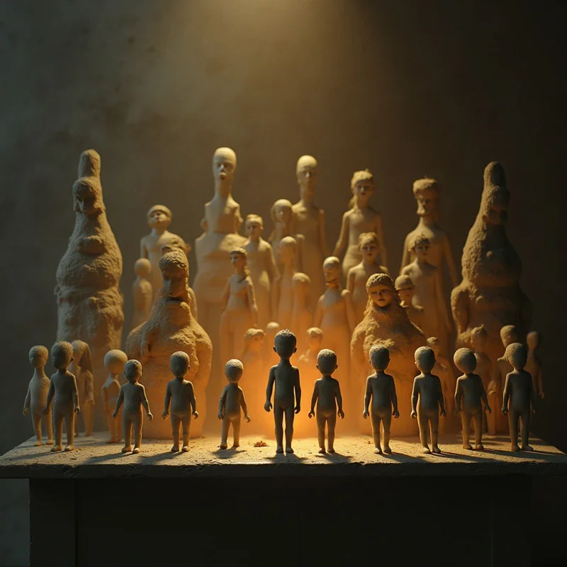 A collection of stylized human figures in varying sizes and forms is arranged on a flat surface against a textured wall. The palette consists of monochromatic earth tones, ranging from pale beige to deep ochre, with surfaces showing grainy, clay-like textures. A central light source creates high contrast, casting long shadows and illuminating the center while leaving the periphery in soft darkness.