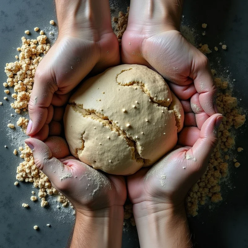 Four hands cradle a large, round ball of pale beige dough centered against a dark gray background. The smooth, cracked surface of the dough contrasts with the granular texture of scattered crumbs and fine powder surrounding it. Soft light illuminates the scene from above, creating subtle shadows within the crevices of the dough and between the fingers.