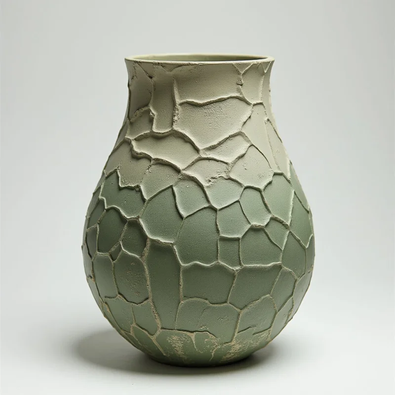 A rounded ceramic vase features a color gradient transitioning from a pale cream at the rim to a muted sage green at its base. The surface is defined by deep, irregular grooves that create an organic, cracked texture resembling stone or dried earth. Soft, diffused light illuminates the object from above, casting subtle shadows within the crevices and creating a gentle shadow on the plain white ground beneath it.
