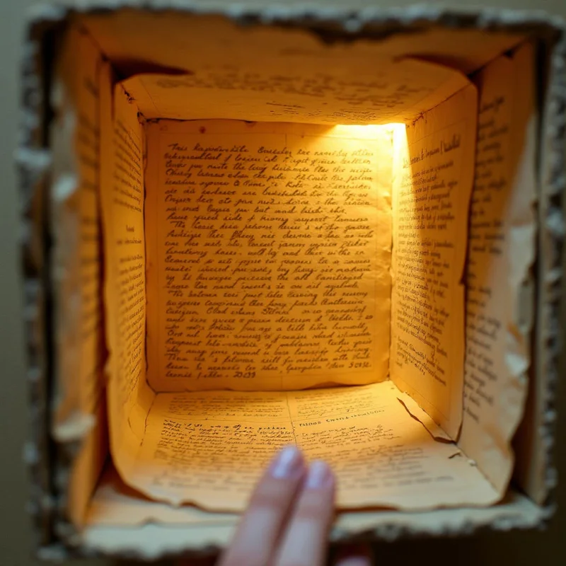 The image features an open book with densely packed text on aged, yellowed pages. Warm light emanates from the center of the spread, creating a brighter focal point and casting soft shadows around the edges of the pages and along the spine. The overall texture appears slightly rough and granular, with blurred elements surrounding the central composition suggesting depth and distance.