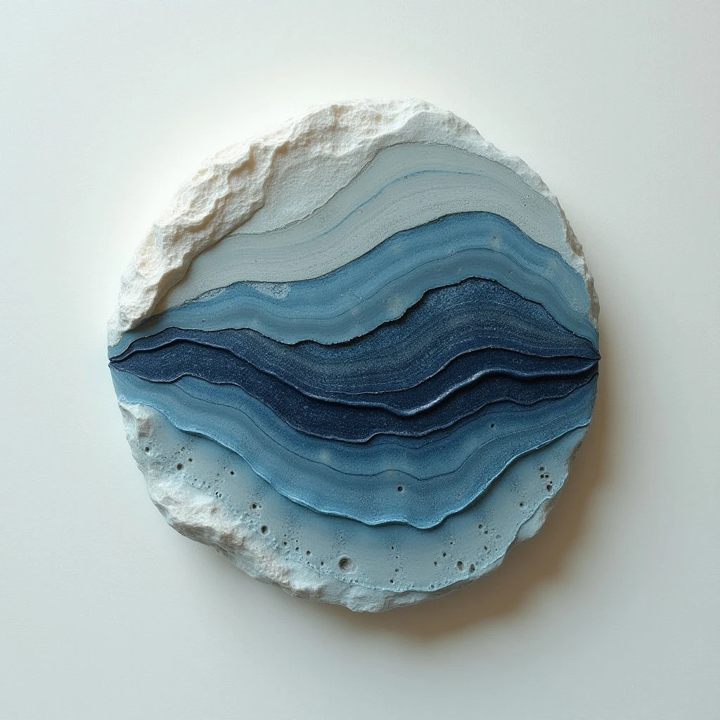 The artwork features concentric layers of blue and white hues arranged within an irregularly circular form. A rough, porous texture defines the outer edges, contrasting with smoother, undulating bands in the central area. Soft, diffused light highlights subtle variations in tone across the layers and creates gentle shadows emphasizing the three-dimensional depth of the composition.