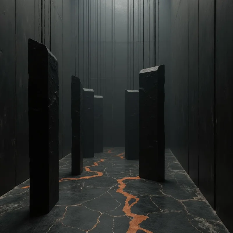 Dark, monolithic stone pillars with rough, jagged textures stand vertically within a narrow, enclosed space defined by smooth charcoal walls. Thin, dark lines descend from the ceiling to connect with the tops of the pillars, while glowing orange veins trace irregular patterns across the cracked floor. Soft, diffused light illuminates the scene from above, creating subtle gradients on the gray surfaces and highlighting the contrast between the dark stone and the luminous ground.