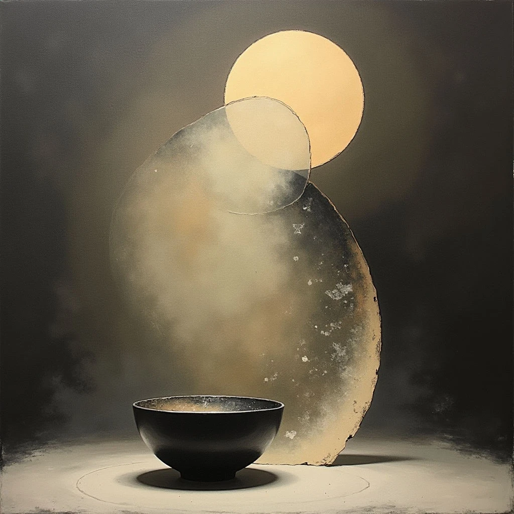 A dark, rounded bowl sits on a pale surface against a smoky gray background. Two overlapping, hazy circles of warm beige float above the bowl, suggesting light or vaporous forms. The overall effect is minimalist and contemplative, with subtle textures adding depth to the muted tones.