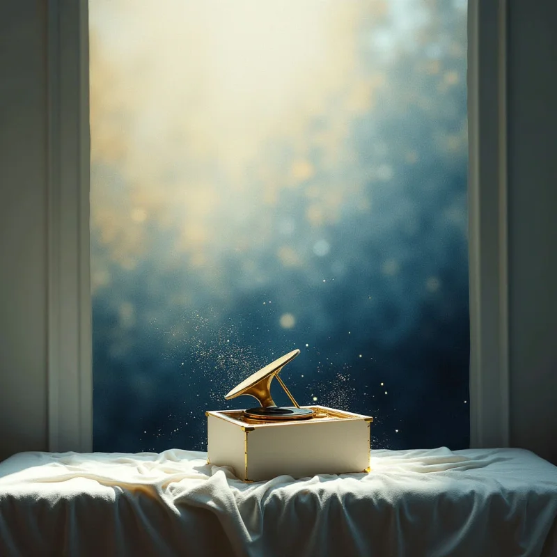 The image features a pale cream rectangular object with gold detailing centered on a draped white surface. A blurred background of cool blues and warm yellows suggests an outdoor scene viewed through a window frame, illuminated by bright light that casts soft shadows. Small golden particles rise from the top of the central object, creating a sense of movement within a relatively still composition.