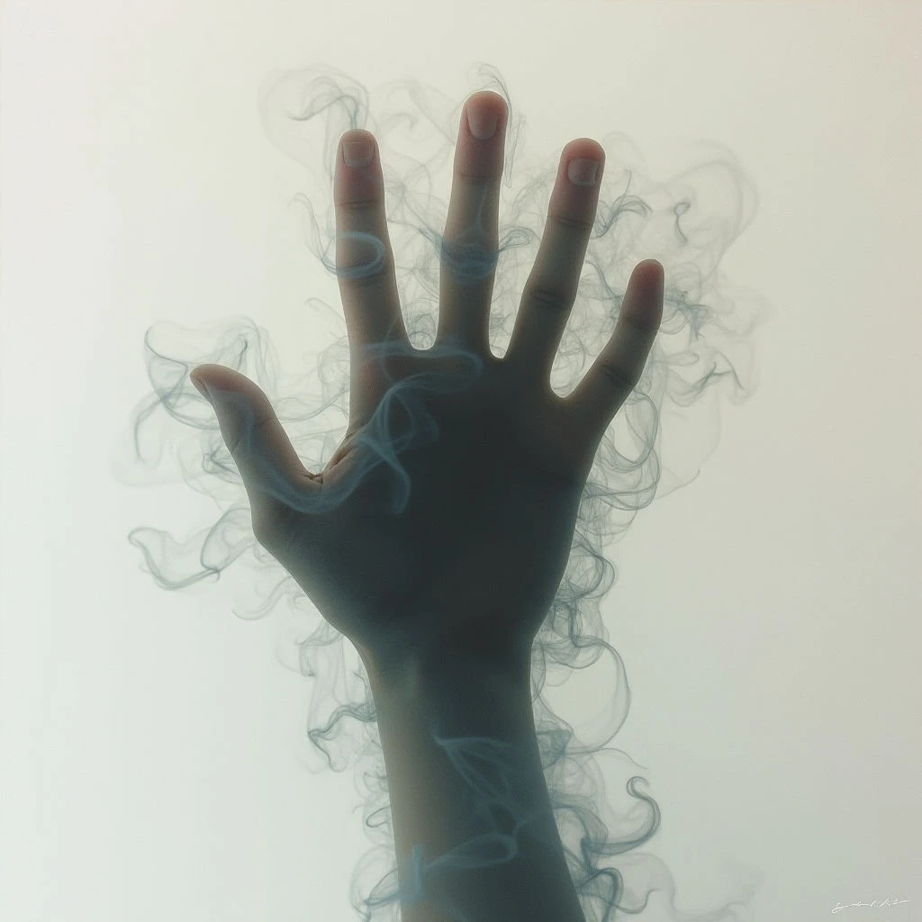 A hand is held open, palm up, against a pale background. Wisps of blue-tinged smoke curl and flow from between the fingers, almost as if dissipating into nothingness. The scene evokes a sense of mystery and perhaps loss or transformation.