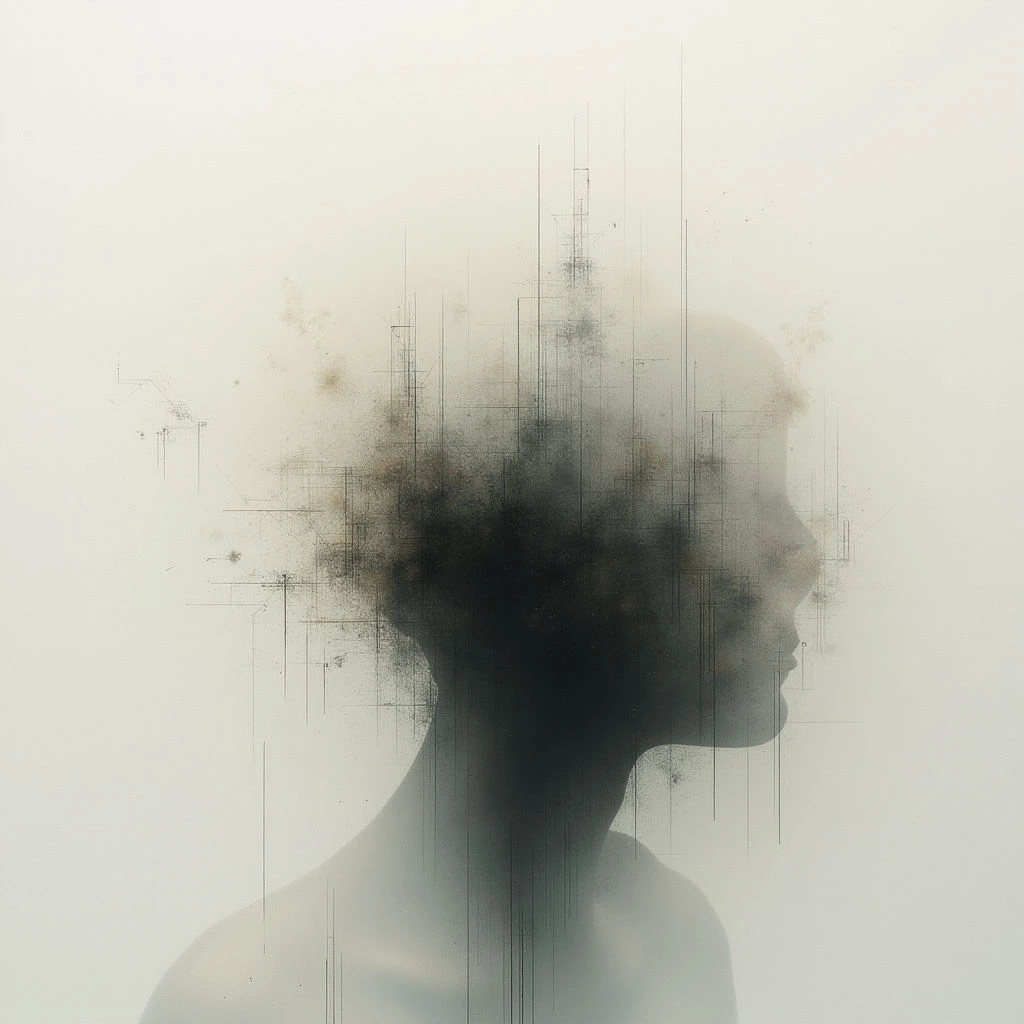 The profile of a person’s head is faintly visible against a pale background, seemingly dissolving into particles. A network of thin lines resembling circuitry extends from and around the head, suggesting a fragmented or digital consciousness. The overall impression is ethereal and conveys a sense of breakdown or transformation.
