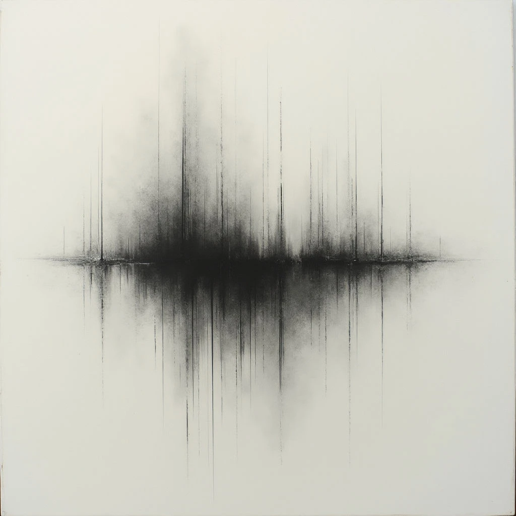 A dark, blurred horizontal band dominates the center of a stark white field. Above and below this band extend numerous thin, vertical lines, denser near the dark shape and fading outwards. The overall impression is one of echoing energy or a distorted reflection.