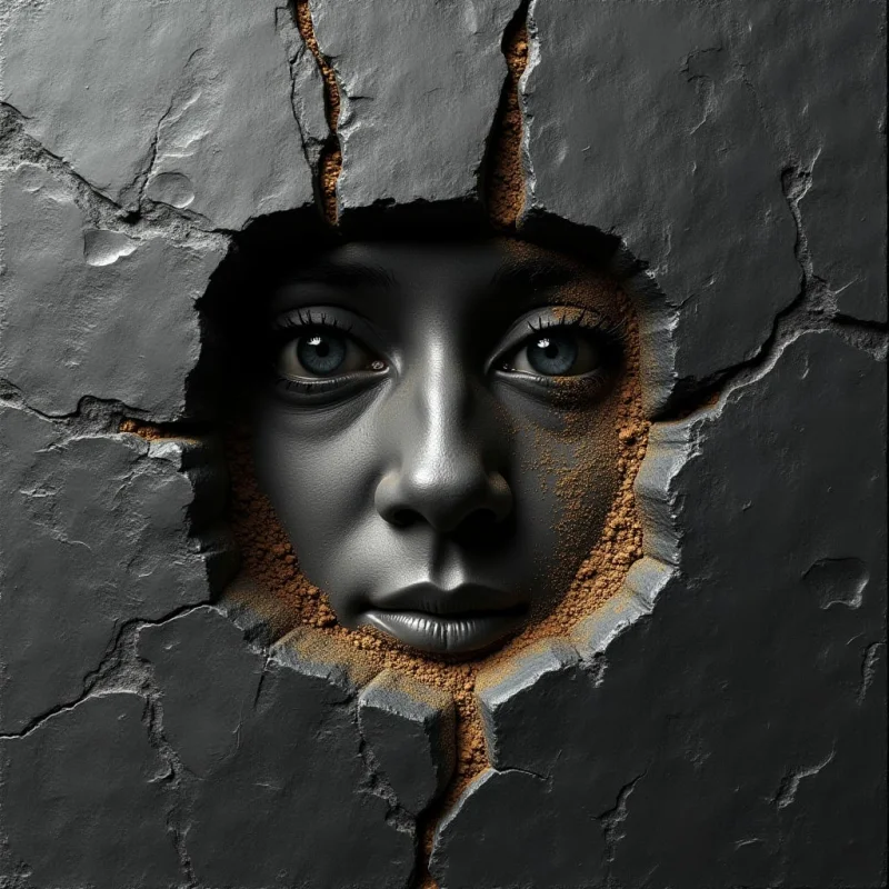 A smooth, dark gray face with reflective skin is framed by an irregular, jagged hole in a textured charcoal surface. Earthy brown granules line the broken edges of the opening, creating a sharp contrast against the matte stone. Light falls from above, casting soft highlights on the facial features and deep shadows within the cracks.