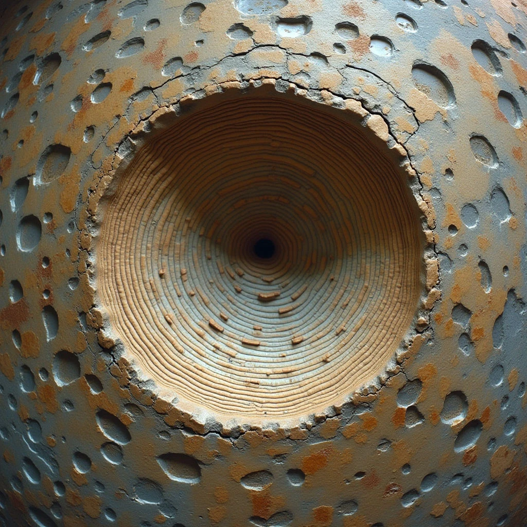 The image features a predominantly gray and brown color palette with rust-colored accents throughout. A large circular opening dominates the center of the composition, surrounded by a heavily textured surface covered in numerous irregular indentations and cracks. Light appears to emanate from within the central hole, creating a gradient effect that draws the eye inward while casting subtle shadows across the surrounding material.