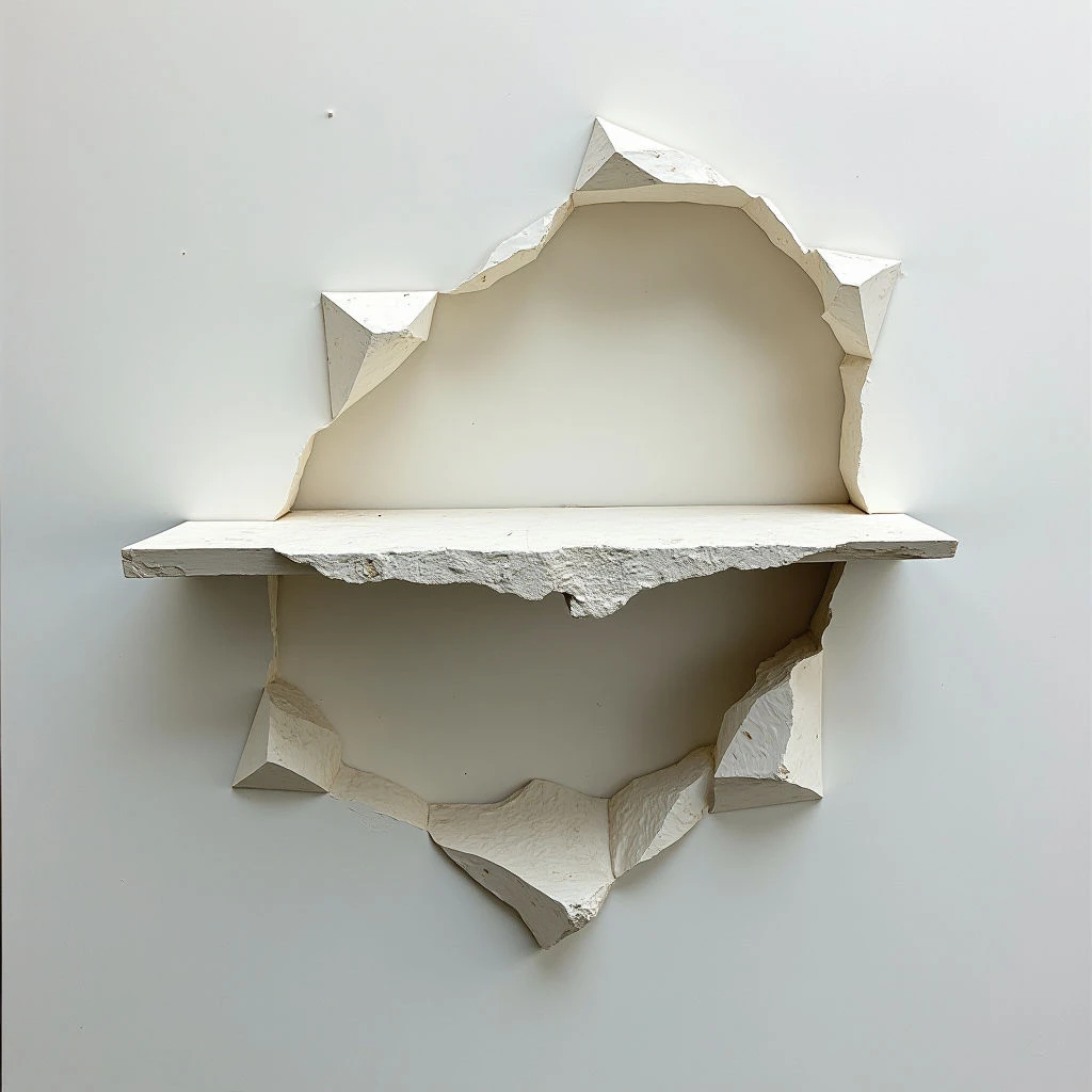A roughly star-shaped opening is carved into a white wall, with a single wooden shelf extending horizontally across the lower portion of the shape. The edges of the carving are jagged and unfinished, revealing layers beneath the surface paint. The overall effect suggests a section has been broken out of the wall, leaving behind this fragmented form.