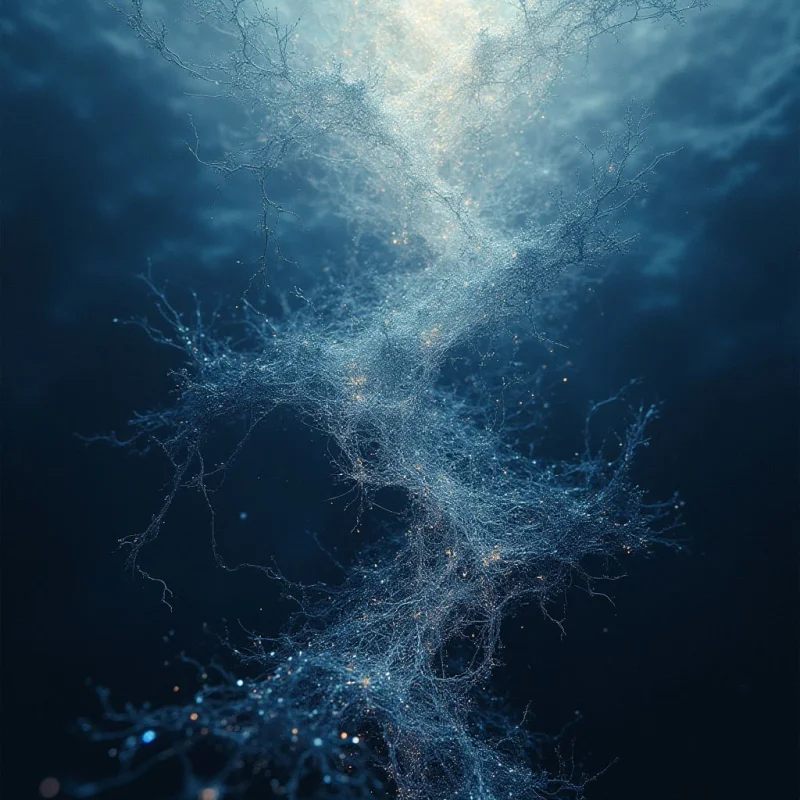 A central, branching structure of fine, web-like filaments glows with pale blue and white light against a deep navy background. The texture appears fibrous and ethereal, with tiny luminous particles scattered throughout the intricate, dendritic shapes. Light radiates from the core of the network, creating a sense of depth as the delicate limbs extend into a dark, hazy void.