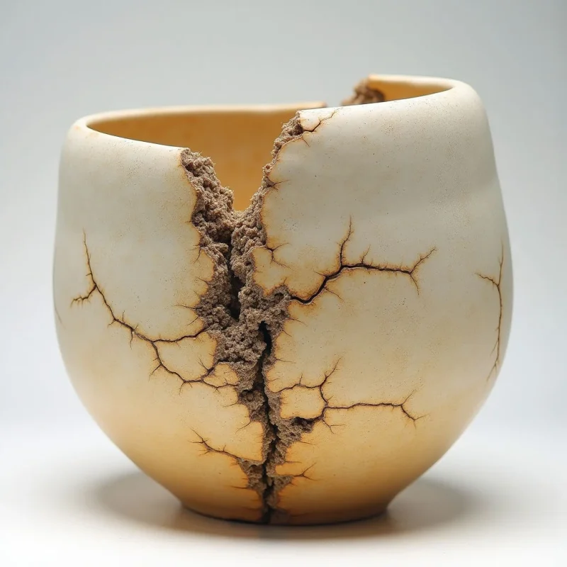 A large, cream-colored ceramic vessel features a jagged, vertical fissure filled with a coarse, dark brown granular texture that extends from the rim to the base. Thin, branching black cracks radiate outward from this central rift across the smooth, matte surface of the rounded bowl. Bright, even light illuminates the object against a neutral white background, creating soft shadows at its base and defining its spherical volume.