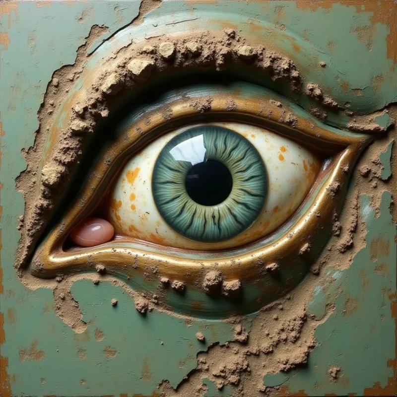A large, detailed eye with a blue-green iris and black pupil is centered within an irregular, jagged opening of a textured green surface. The surrounding material has a rough, sandy, or earthen texture in shades of tan and brown, contrasting with the smooth, glossy appearance of the eye and its golden-rimmed lids. Light reflects off the moist surface of the eyeball, creating bright highlights that contrast against the matte, weathered background.