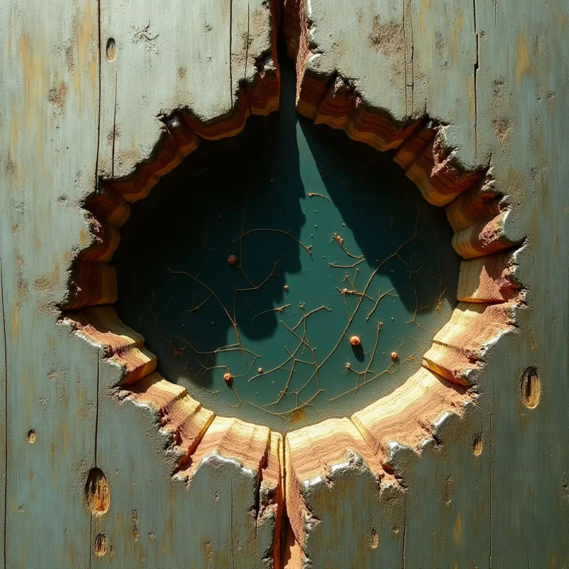 A jagged, irregular hole pierces through a textured grey wooden surface, revealing a dark teal background behind it. The rough, splintered edges of the light tan wood contrast with the smooth, shadowed depths of the opening. Thin, delicate shadows of spindly branches are cast across the dark interior space within the circular void.