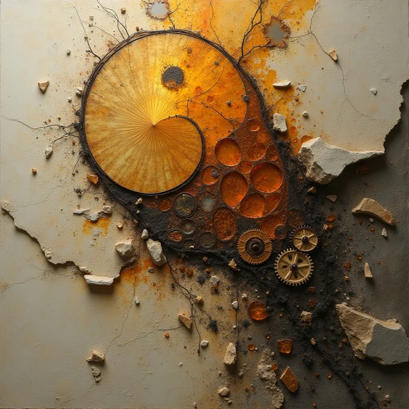 A large, golden spiral shape dominates the upper left, transitioning into a cluster of dark orange circular forms and metallic gear shapes that extend toward the bottom right. The composition features a mix of smooth, radiating lines and rough, cracked textures set against a pale, neutral background with scattered stone-like fragments. Light appears diffused across the surface, highlighting the contrast between the glowing amber tones and the dark, granular shadows.
