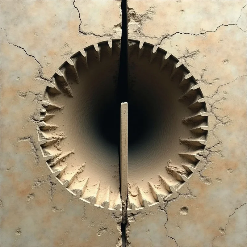 A large circular opening with serrated, gear-like edges is set into a cracked, beige-colored surface. A dark, shadowed void occupies the center of the circle, bisected vertically by a thin, straight strip that extends from the top to the bottom edge. The texture appears dry and granular, with irregular cracks spreading across the flat, monochromatic plane.
