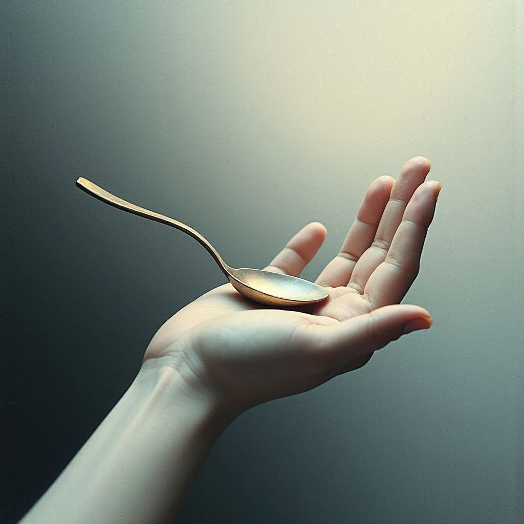 The image features a pale hand holding a small, elongated spoon against a muted grey background that transitions to lighter tones at the top of the frame. The skin appears smooth with subtle texture suggesting veins and creases, while the spoon has a metallic sheen reflecting light. Spatial relationships are defined by the central positioning of the hand and spoon, creating a focal point within the largely undefined depth of field.