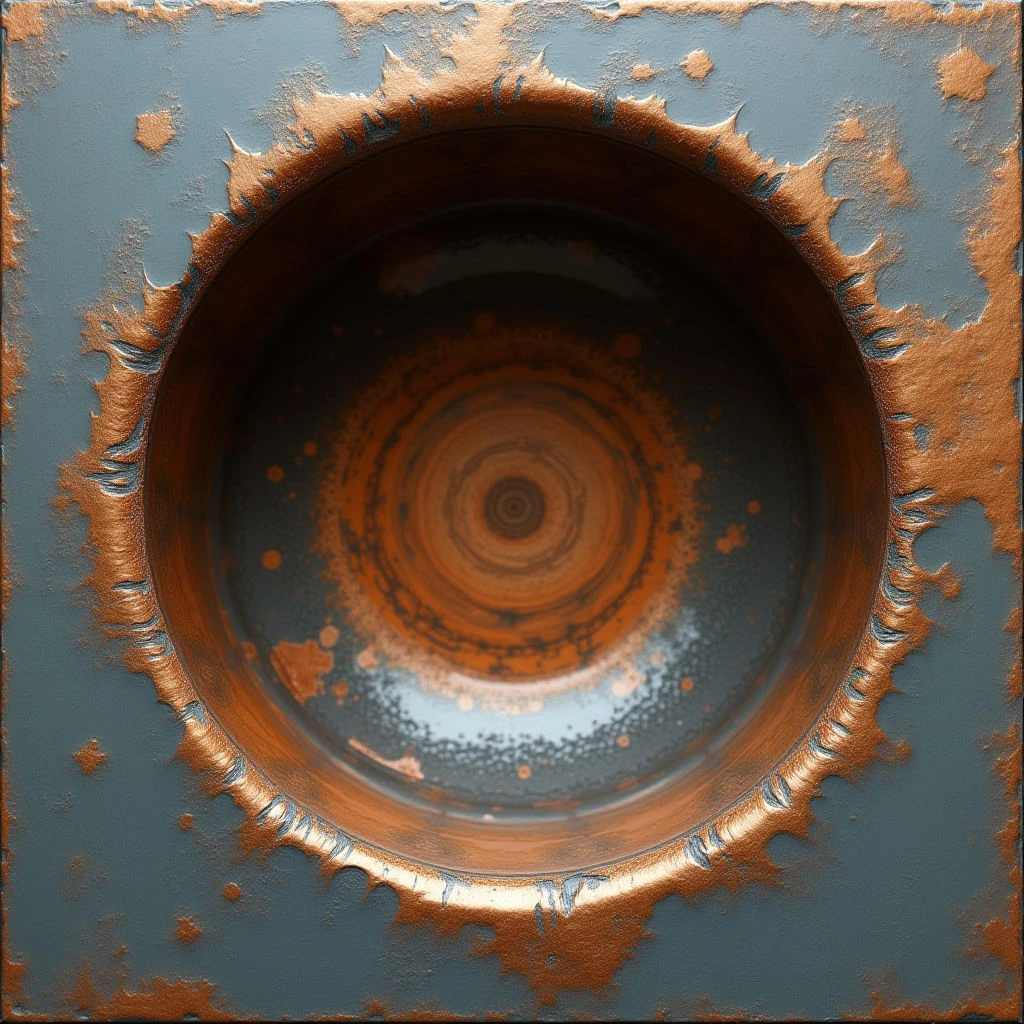 The image features a predominantly cool teal surface with a central circular opening revealing concentric rings of warm brown tones that diminish in intensity towards the center. Rough, jagged textures surround the hole, contrasting with the smoother, layered appearance within it; light appears to emanate from the depths of the circle, creating subtle highlights on its inner surfaces. The spatial arrangement focuses attention inward, suggesting depth and a tunnel-like perspective through the opening.