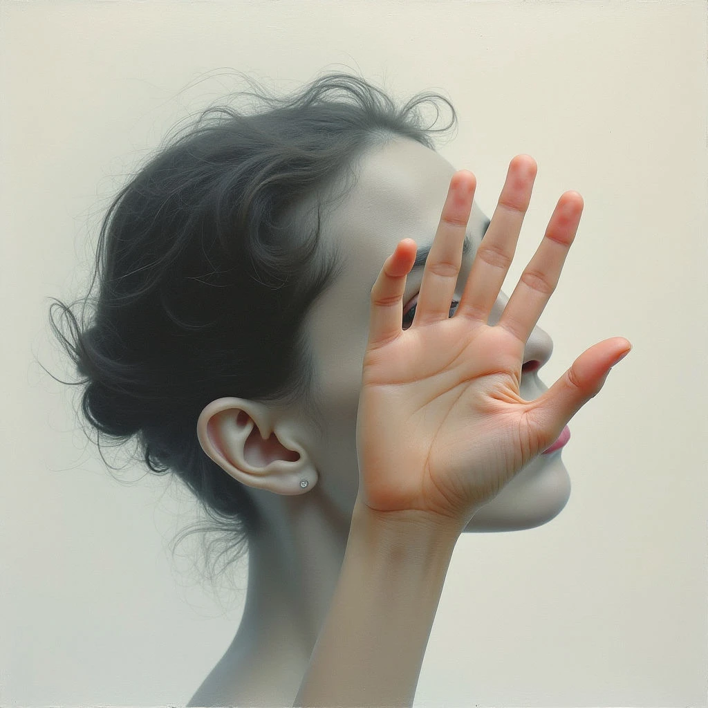 A woman’s face and neck are depicted in shades of gray, appearing almost like a sculpture against a pale background. Her dark, wavy hair contrasts sharply with the muted tones of her skin. She is extending an open hand towards the viewer as if reaching out or warding something off.