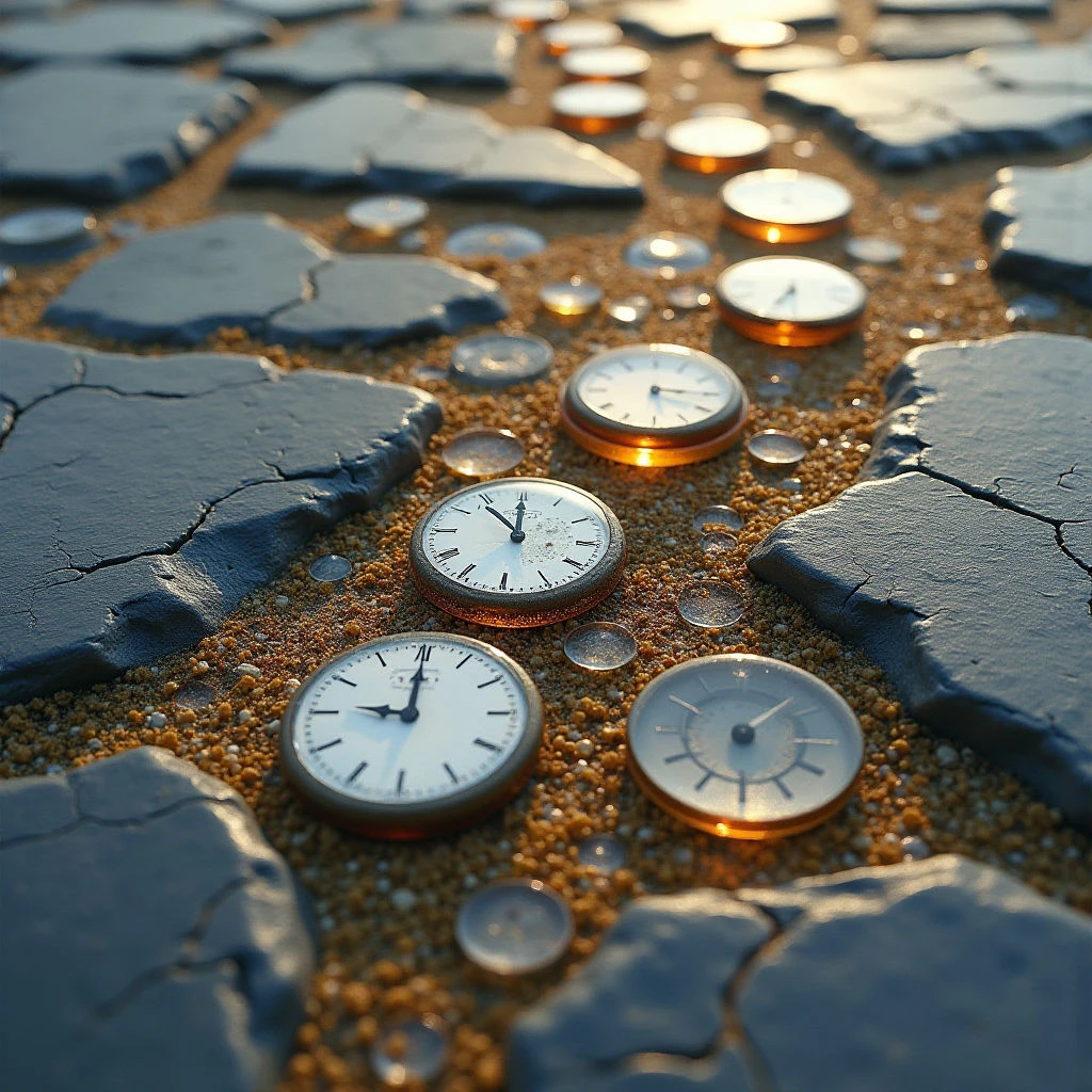 The image features a field of cracked, dark blue surfaces interspersed with small golden spheres and numerous pocket watches. The watches vary in size and angle, some appearing partially submerged within the spheres while others rest directly on the fractured ground. Warm, diffused light creates highlights on the metallic watch faces and golden elements, contrasting with the shadows cast by the uneven terrain.