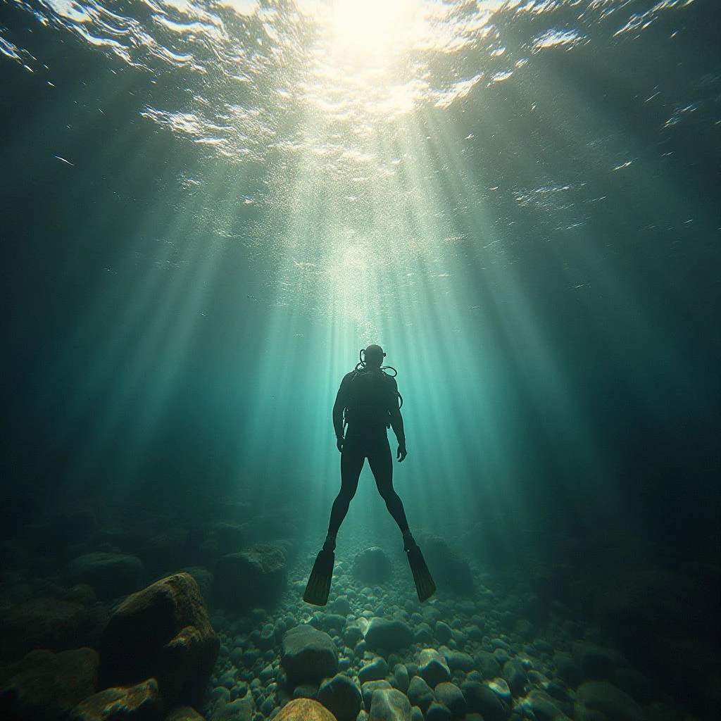 The image is dominated by cool teal and dark blue tones, with a brighter area of pale yellow-white light filtering from above. A silhouetted figure hangs vertically in the water column, positioned centrally between rocky textures at the bottom of the frame and a rippled surface above. Strong beams of light create converging lines that emphasize depth and spatial recession toward the distant form.