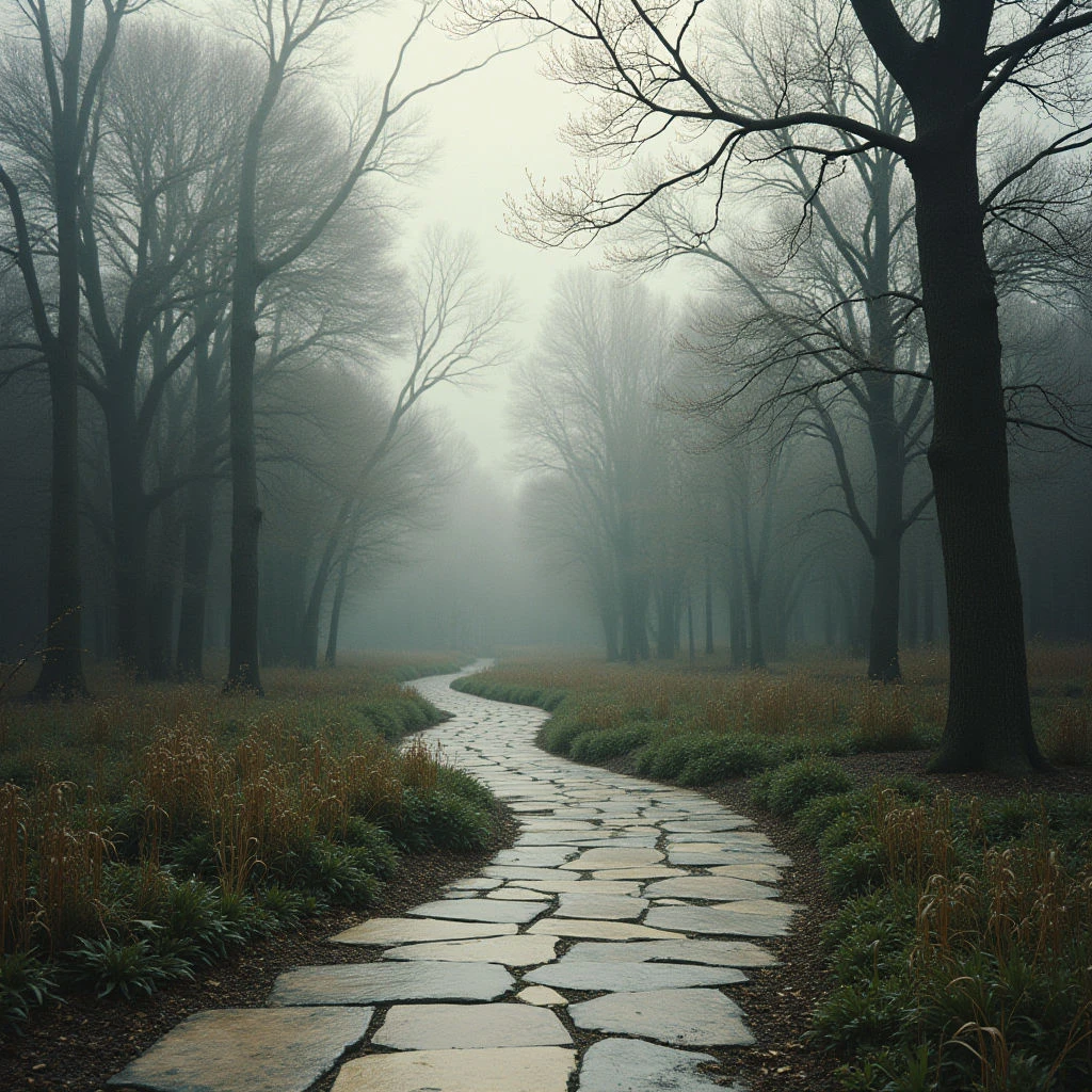 A winding stone path cuts through a dense, misty forest of bare trees. The fog obscures the distance, lending an eerie and secluded quality to the landscape. Tall grasses line either side of the path, suggesting a quiet stillness in the cool air.