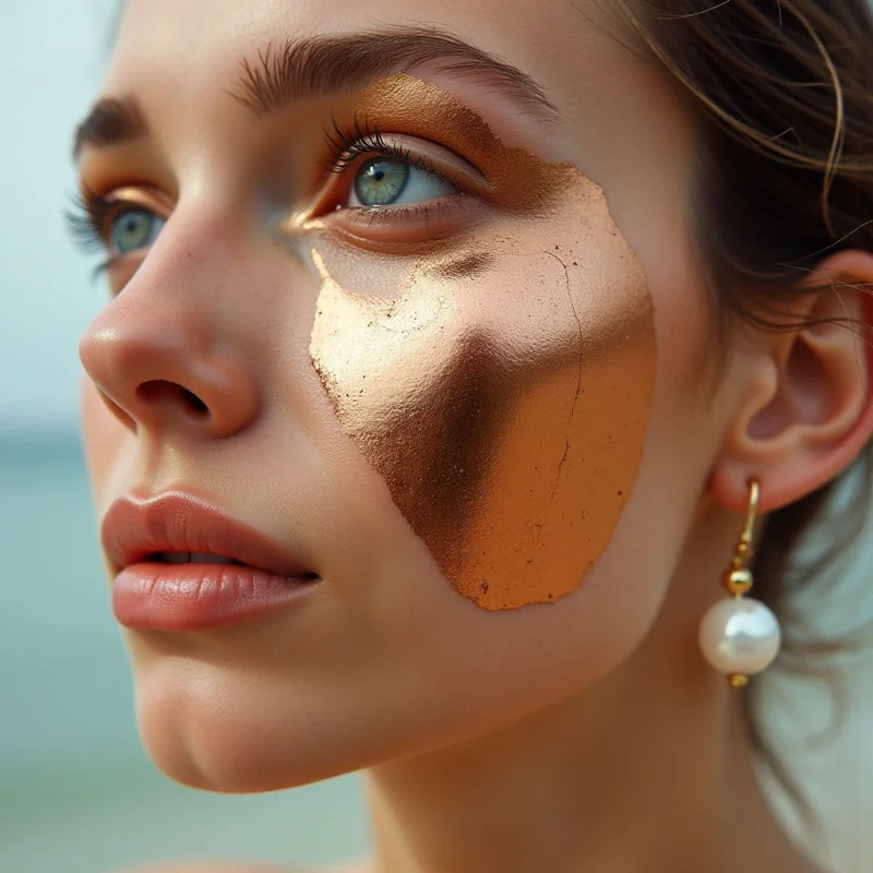 The image features a close-up of a person’s face with warm tones dominating—peach skin and metallic gold leaf applied around the eye. Contrasting textures are present between the smooth skin and the irregular, reflective surface of the gold. Soft light highlights the contours of the face and earring, while the background appears blurred and suggests an outdoor setting with shades of green and blue.
