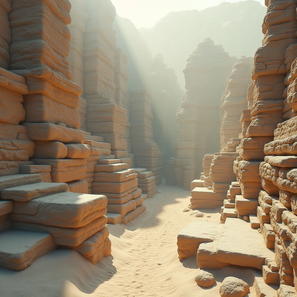 The image features a narrow passage carved through tall formations of tan and ochre stone. The surfaces appear rough and layered with visible texture, contrasting with the smooth sand covering the ground. Strong directional light creates beams cutting through the space, emphasizing depth and casting shadows that recede into a hazy distance between the structures.