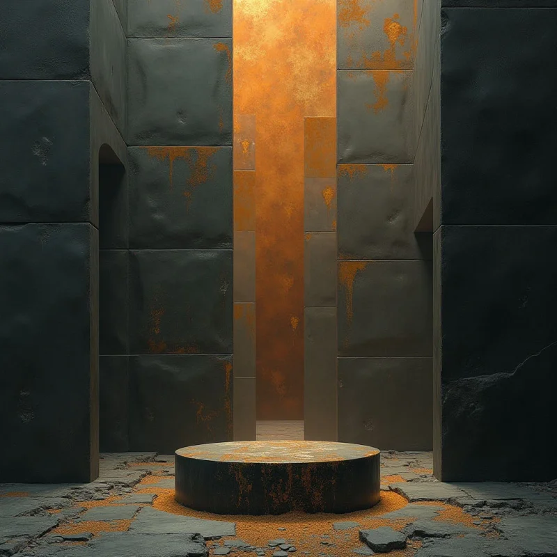 Dark, textured stone blocks in charcoal grey form a structured corridor, accented by orange rust-like stains and patches of fine orange sand on the ground. A central vertical opening reveals a warm, glowing orange light that illuminates a smooth, circular pedestal in the foreground. The composition uses strong geometric shapes and deep shadows to create a sense of depth between the heavy walls and the luminous background.