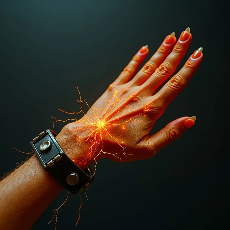 A human hand and forearm extend diagonally across a dark, monochromatic background, accented by bright orange electrical arcs that crackle around the wrist. A thick black leather strap with metallic silver studs encircles the wrist, contrasting against the smooth skin texture and the jagged, glowing lines of light. The composition centers on the intense luminosity at the wrist, which casts a warm glow over the hand's contours.