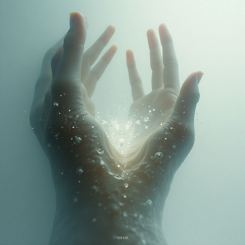 Two hands are cupped together underwater, holding a glowing orb of light and bubbles. The water is murky and obscures the details of the arms, creating a soft, ethereal atmosphere. Light radiates from within the hands, illuminating the surrounding liquid with a gentle glow.