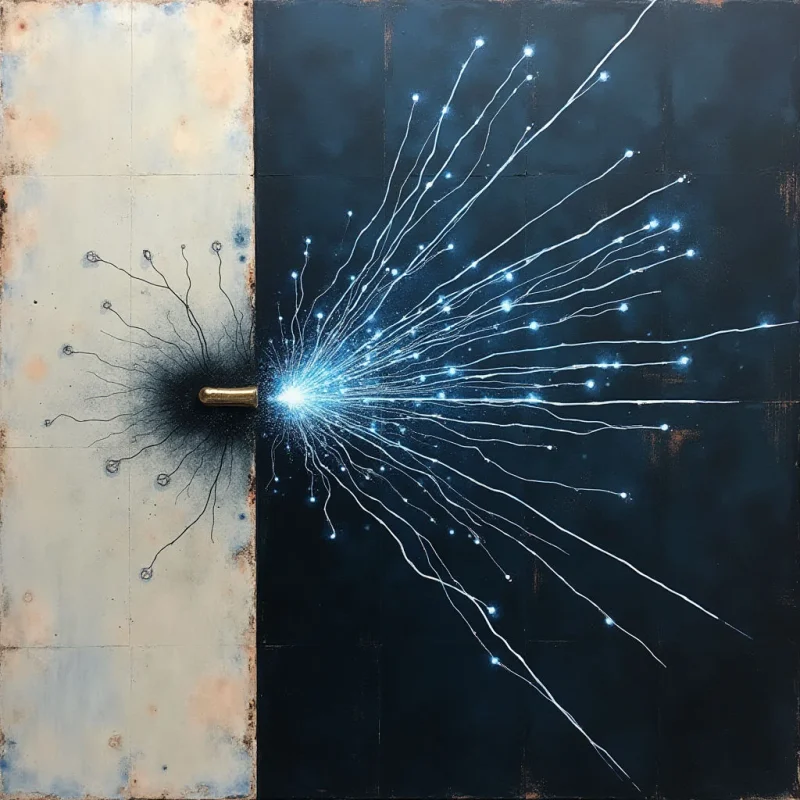 A vertical division separates a pale, textured cream field on the left from a deep navy blue expanse on the right. From a central dark point at the boundary, thin white lines radiate outward like electrical arcs or spindly roots, some terminating in glowing light points. The composition balances the heavy, solid darkness of the right side against the lighter, mottled surface of the left.