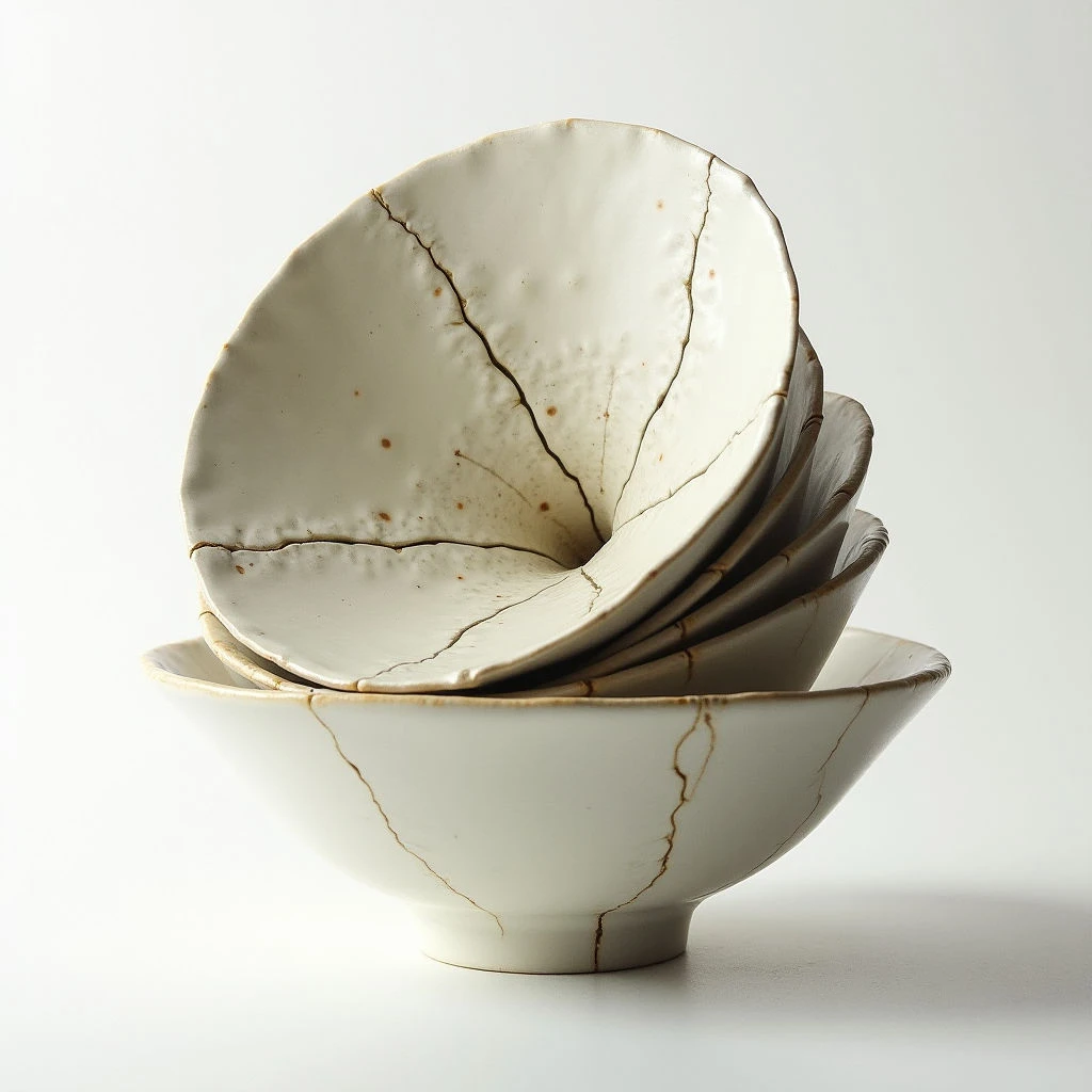 The image features a stack of five ceramic bowls with a pale cream base color and dark brown detailing along the rims and in crackled lines throughout. The bowls have irregular, organic shapes and a visibly textured surface, appearing slightly rough and uneven. Soft, diffused light illuminates the arrangement, creating gentle shadows that emphasize the layered spatial relationships between the bowls against a neutral background.