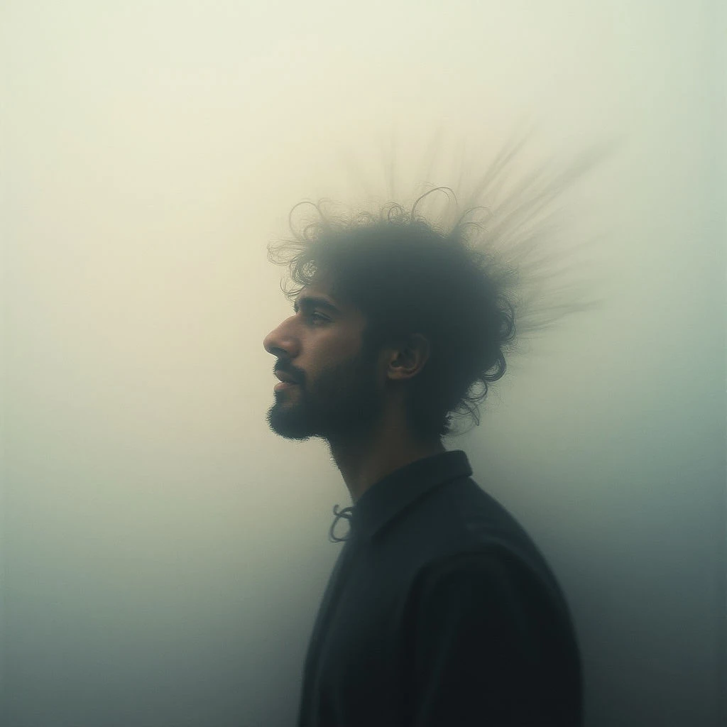 A man with dark, curly hair and a beard is shown in profile against a pale, foggy background. His gaze is directed to the side, lost in thought as wisps seem to radiate from his head like energy or smoke. The overall tone is somber and ethereal, suggesting introspection or a dreamlike state.