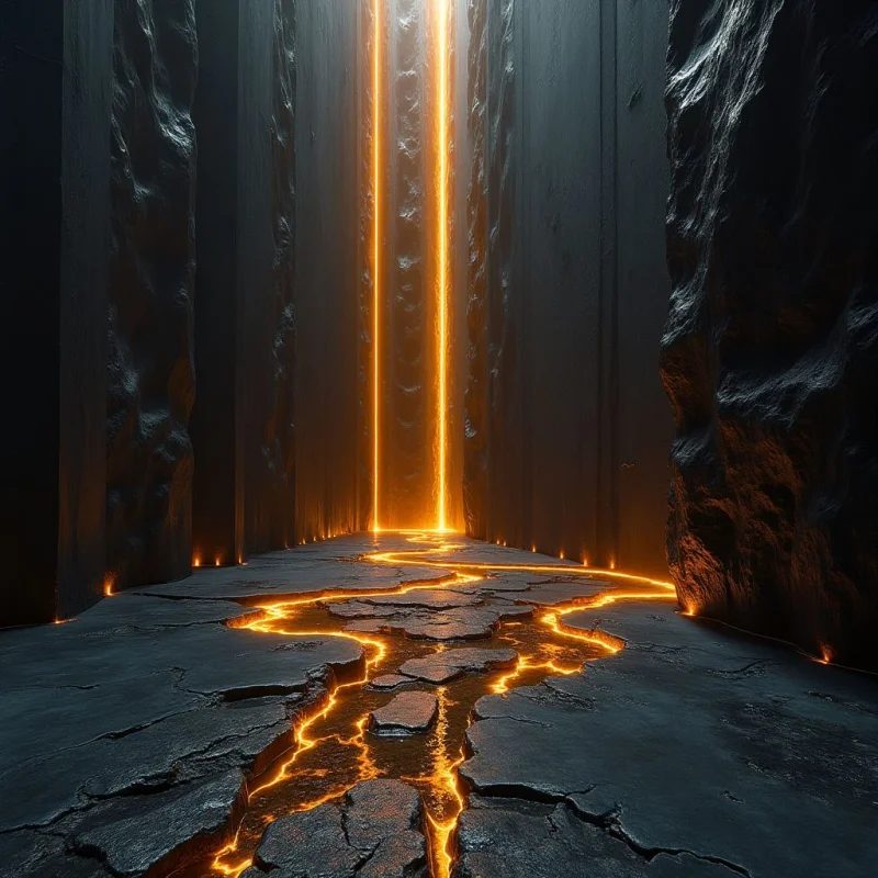 Glowing orange lines of light fracture a dark, textured floor and extend upward into two vertical pillars between towering black walls. The composition is defined by sharp, jagged shapes and high contrast between the luminous amber fissures and the matte, craggy surfaces of the surrounding structures. Deep shadows create a sense of narrow, enclosed space that leads toward the bright, central light source.