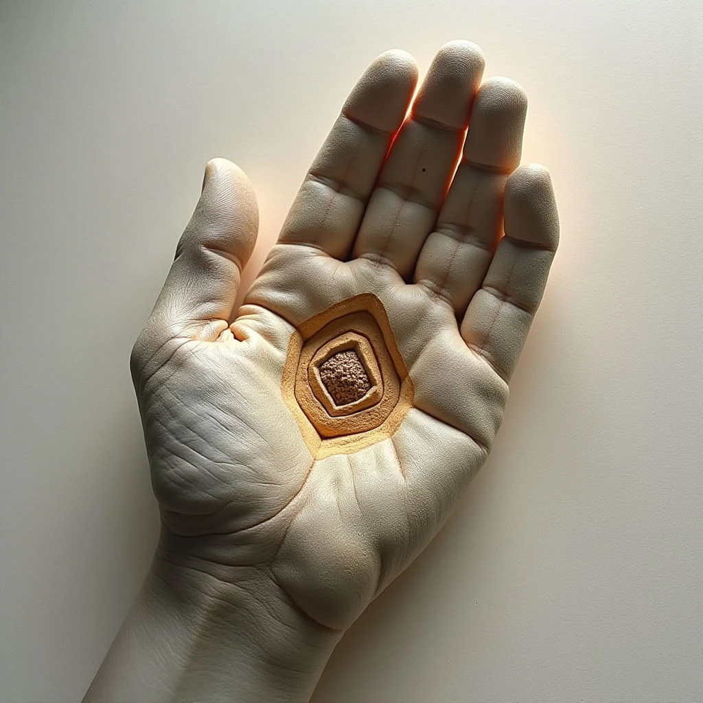 The image depicts a pale hand with a series of concentric square shapes embedded in its palm, transitioning from a lighter beige to a darker reddish-brown towards the center. The skin texture appears smooth with visible lines and creases, contrasting with the slightly rougher appearance of the inset squares; light falls across the hand creating highlights on the fingers and casting a soft shadow beneath it.  The composition is centered around the open palm, which dominates the frame against a plain, off-white background, establishing a close spatial relationship between the hand and the geometric forms within it.