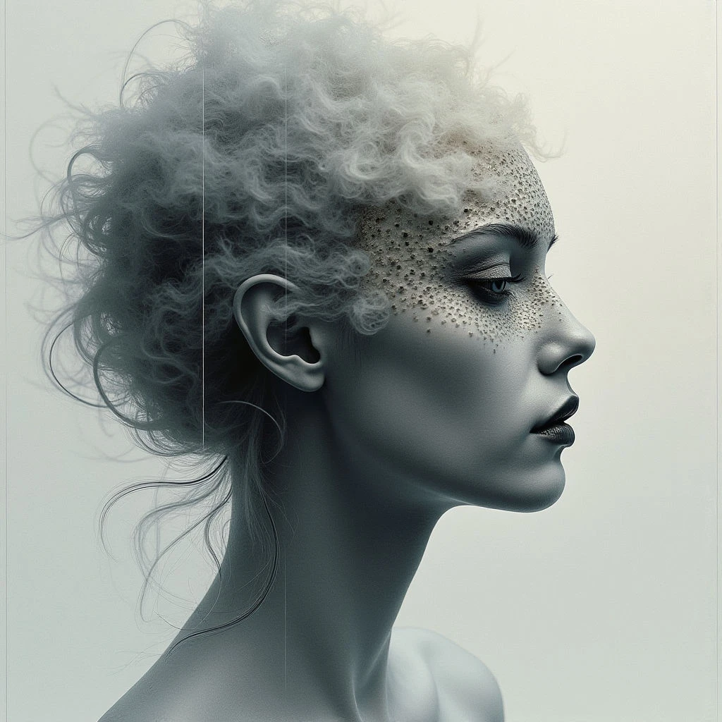 A woman with pale skin is shown in profile, her gaze directed downwards and to the right. One side of her face appears smooth and metallic, covered in small golden flecks, while the other remains flesh-toned but slightly obscured by a cloud of wispy hair. Her dark lips and eyebrows contrast sharply against her complexion, creating a striking and otherworldly appearance.