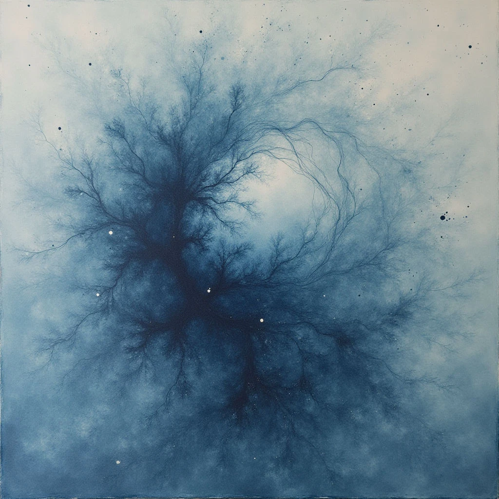 The image is dominated by shades of blue and gray, ranging from deep indigo to pale sky tones. A network of thin, dark branches spreads outwards from a central, denser mass, creating a tree-like form against a softly blurred background. Small, scattered points of light are visible throughout the composition, suggesting stars or distant glimmers within a hazy spatial depth.