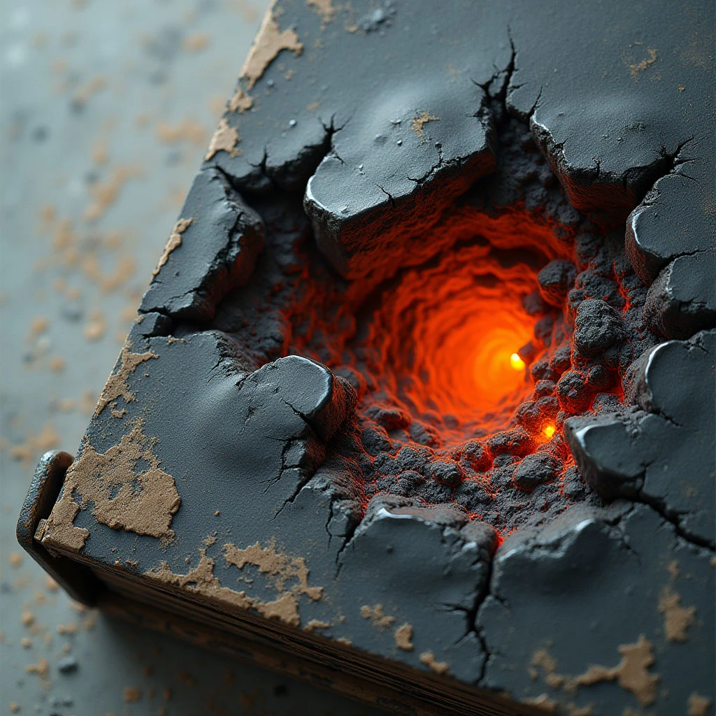 The image features a dark gray, roughly cubic form with significant cracking and fragmentation across its surface. A central cavity within the cube reveals intense orange and yellow glowing light emanating from an unseen source deep inside. The surrounding material appears textured and granular, contrasting with the smooth gradients of light within the hole and resting on a mottled blue-gray ground plane.