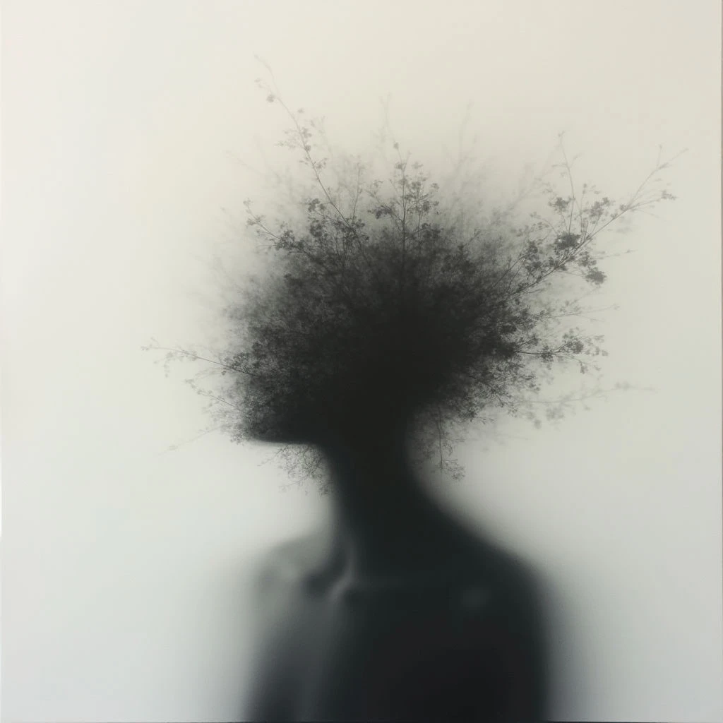 The back of a human figure is silhouetted against a pale background, fading into obscurity from the shoulders down. Where a head should be, instead blooms a dense tangle of delicate branches and tiny blossoms. The image evokes a sense of merging with nature, or perhaps a blossoming internal world.
