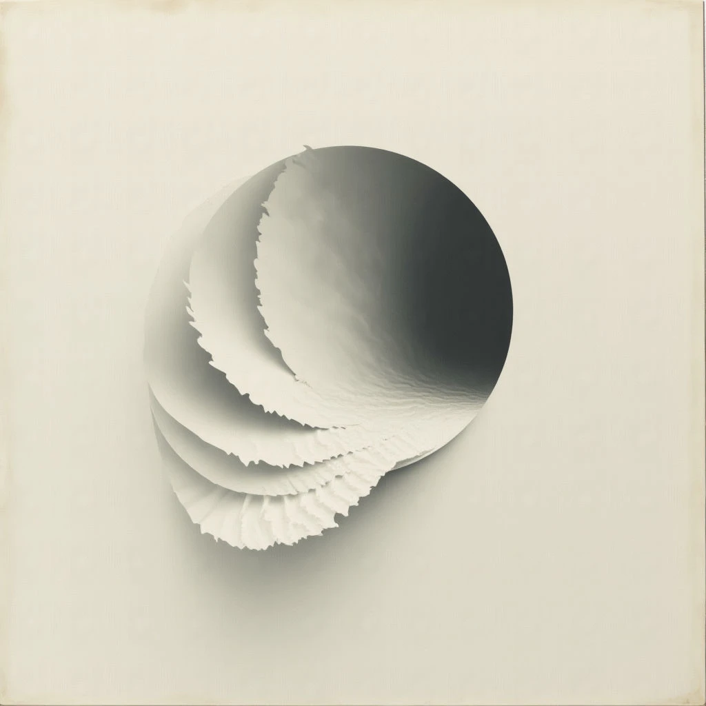 A tightly rolled paper spiral appears to be emerging from, or receding into, a dark void at the center of an otherwise blank surface. The paper is lighter on one side, suggesting a light source illuminating its layers as it curves around the opening. The overall effect creates a sense of depth and mystery against the neutral background.