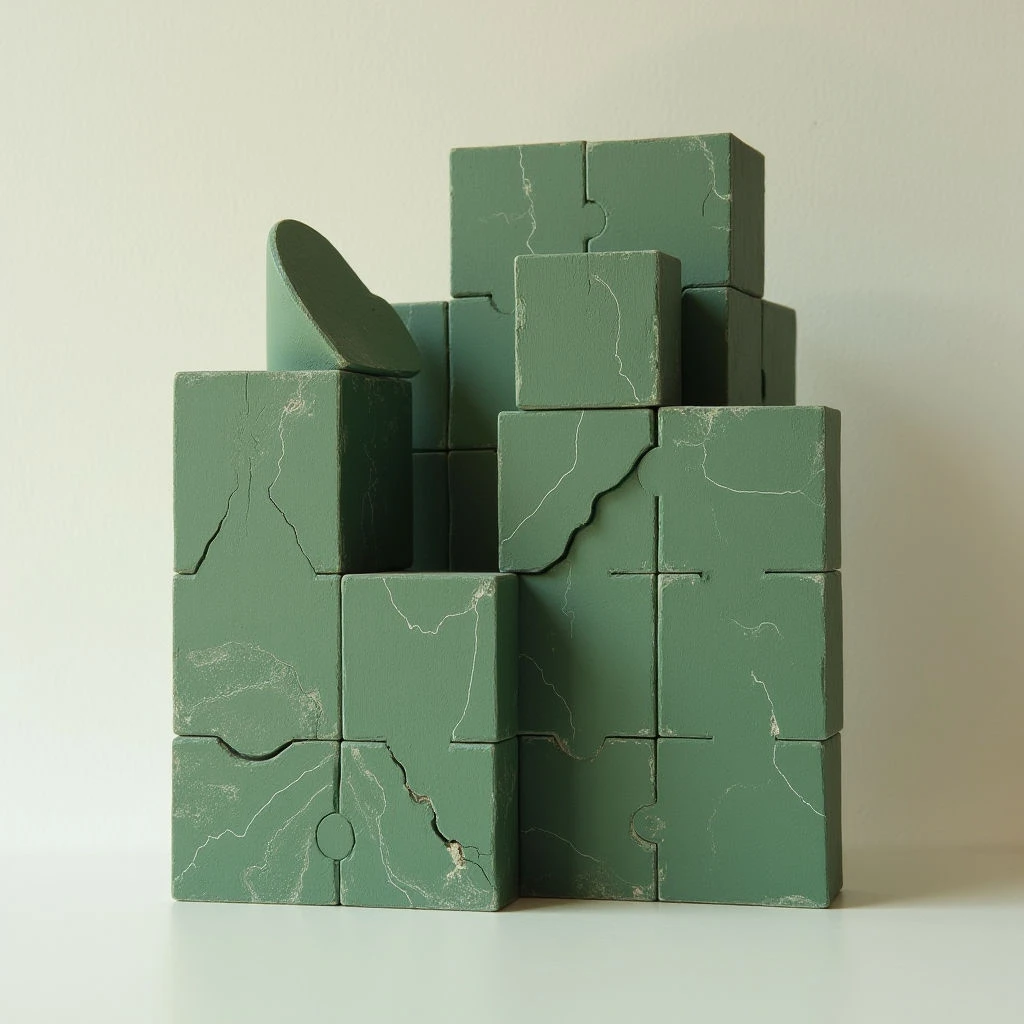 The arrangement consists of interlocking green blocks forming a stepped, pyramid-like structure with a flat plane extending from the upper left side. The surface texture appears rough and subtly cracked throughout each block, contrasting with their generally cubic shapes. Soft, diffused light illuminates the composition evenly, minimizing strong shadows and highlighting the pale veining within the blocks against the deeper green base color.