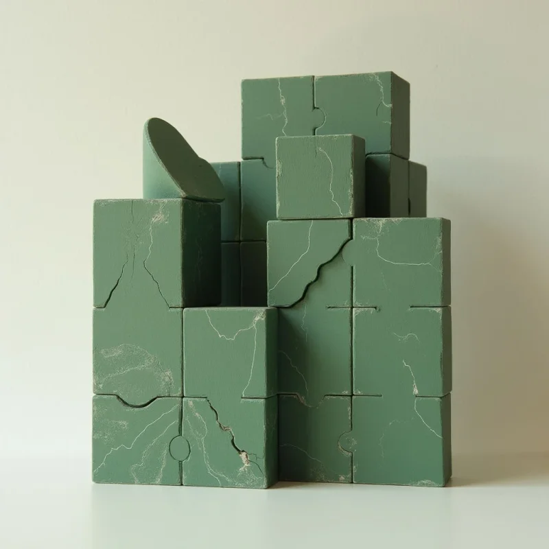 The arrangement consists of interlocking green blocks forming a stepped, pyramid-like structure with a flat plane extending from the upper left side. The surface texture appears rough and subtly cracked throughout each block, contrasting with their generally cubic shapes. Soft, diffused light illuminates the composition evenly, minimizing strong shadows and highlighting the pale veining within the blocks against the deeper green base color.