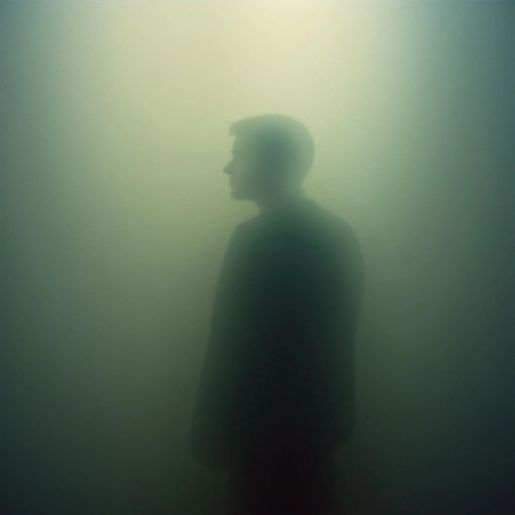 A shadowy figure of a man stands alone, almost completely obscured by a swirling green mist. The light source behind him is hazy and diffused, creating an ethereal and indistinct quality to the scene. He appears lost in thought or perhaps fading from existence within the fog.